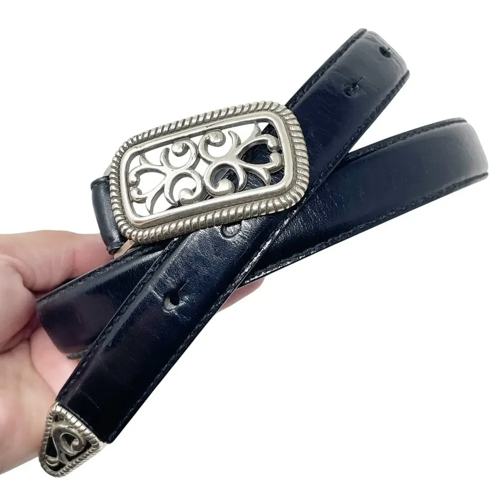 Fossil Women's Black Genuine Leather Belt Size Small Silver Tone Buckle and Tip